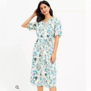 LOFT Linen Blend Floral Belted MIDI Dress size MP